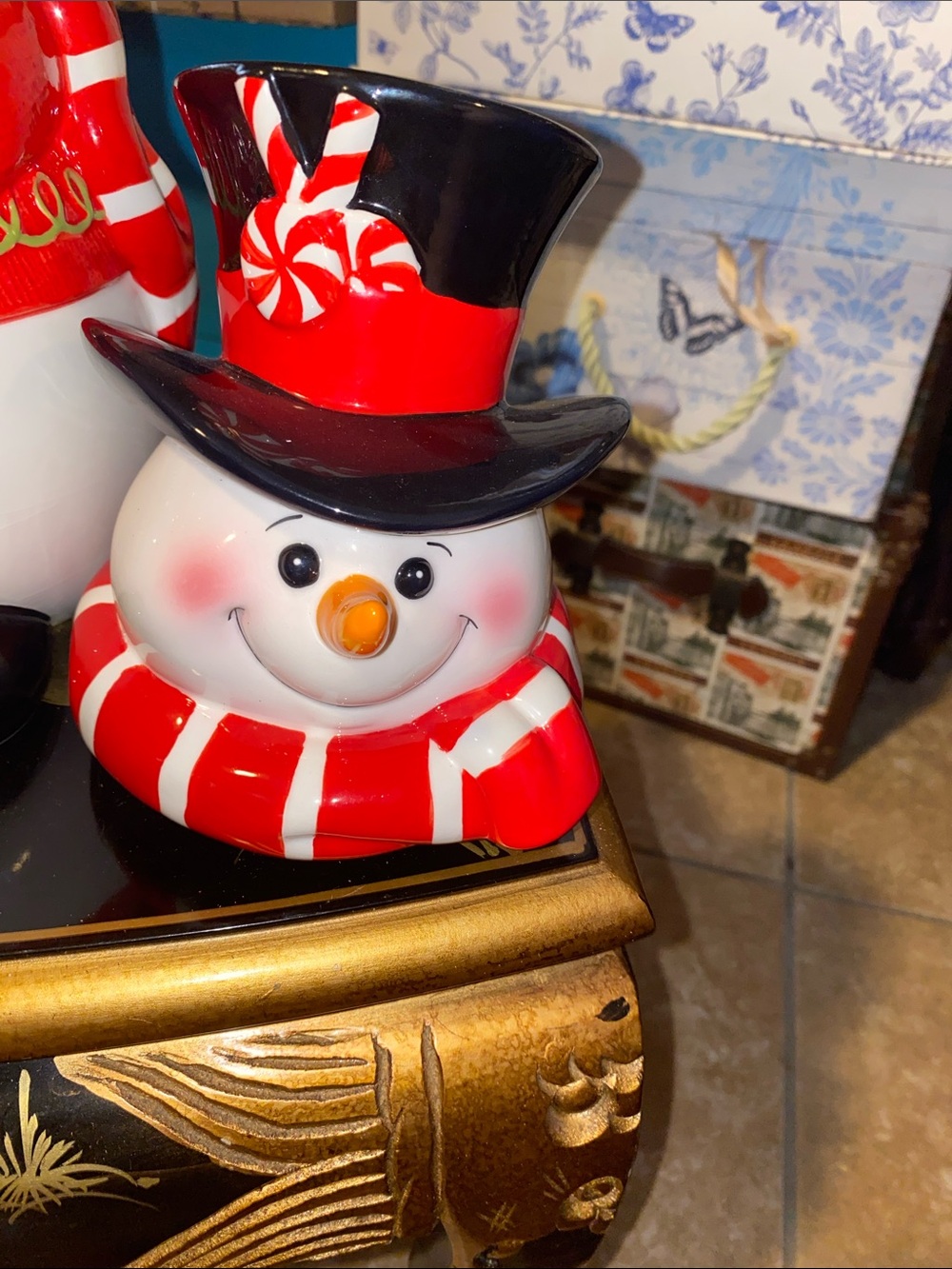 Fitz and Floyd Red, White and Black Festive Snowman Ceramic Cookie Jar - Picture 6 of 11